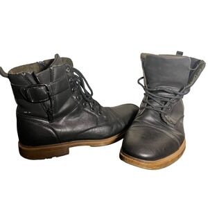 Mens Black Faux Leather Combat Boots Side Zip Buckle Strap Cap Toe BootsSZ 9 1/2